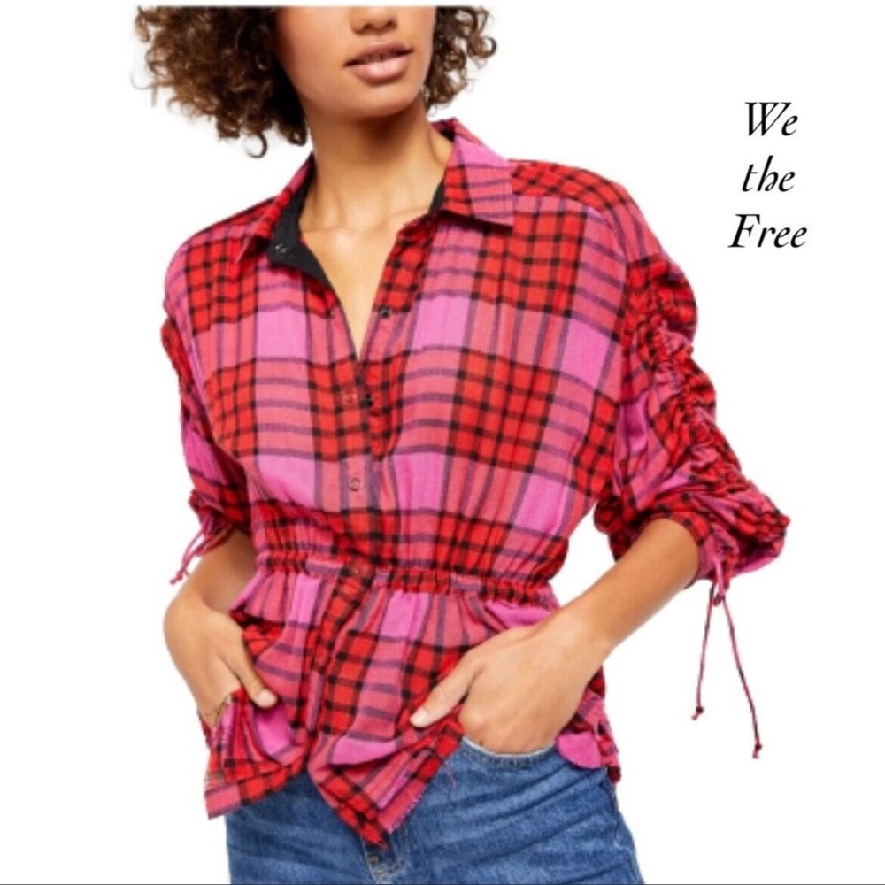 Free People Pacific Dawn pink/red plaid blouse! 💕